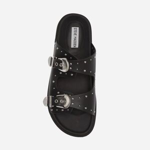Steve Madden Connelly Black Summer Sandals with Silver Buckle & Studs Accents